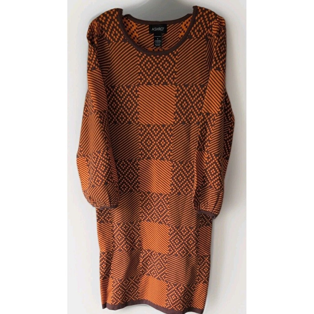 Ashro Orange, Brown Geometric Checkerboard Sweater-Knit Combo Dress Size Small